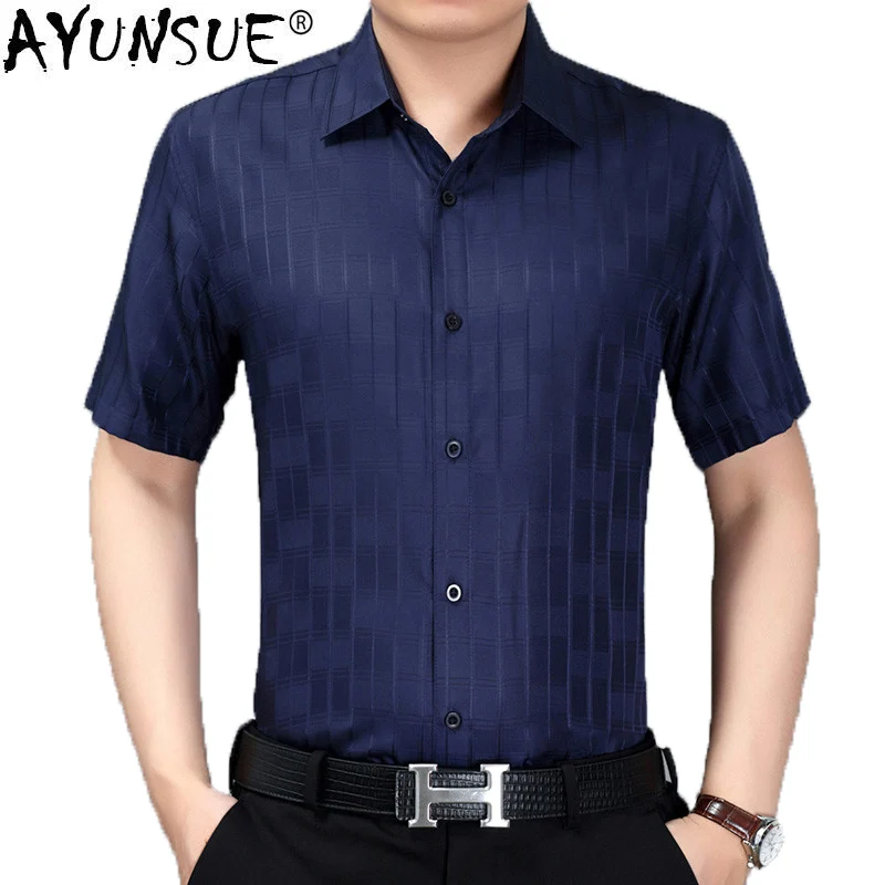 Рубашка AYUNSUE мужская с коротким рукавом 2010 шелк формальная белая в клетку 100% kj384