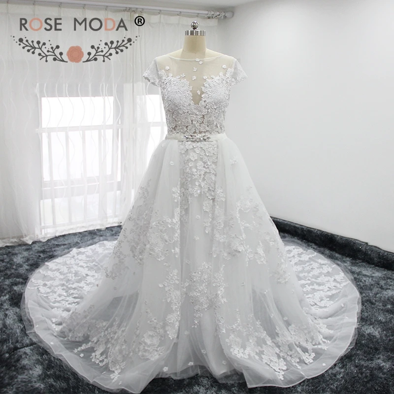 Rose Moda Gorgeous Short Sleeves Lace Sheath Wedding Dress with Detachable Skirt Sheer Bateau Neck Low V Back Crystal Sash | Свадьбы и