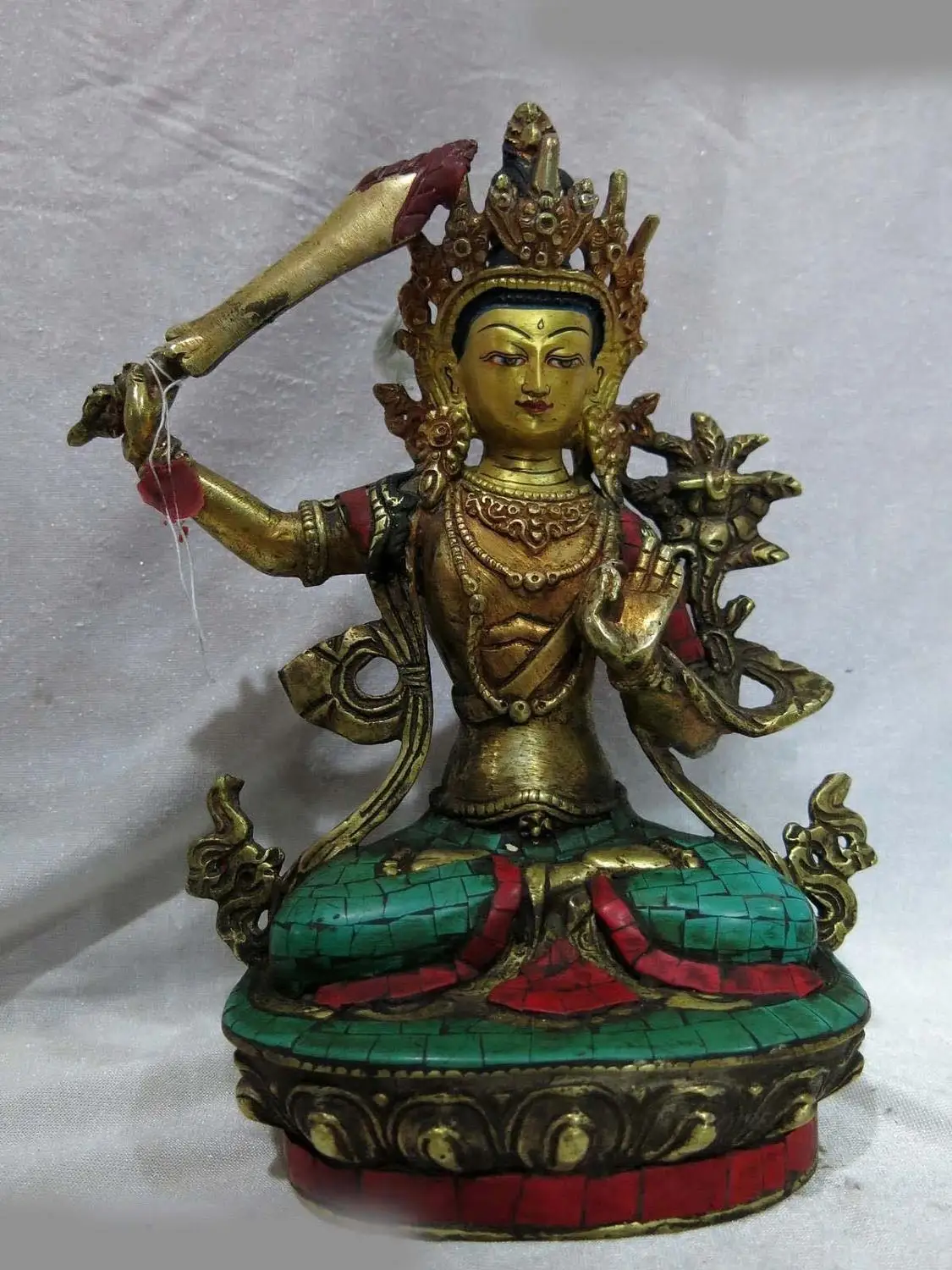 9" Tibet old bronze gild calaite sculpture Manjusri Kwan-yin Bodhisattva Statue A(0505)
9" Tibet old bronze gild calaite sculpture Manjusri Kwan-yin Bodhisattva Statue A(0505)
