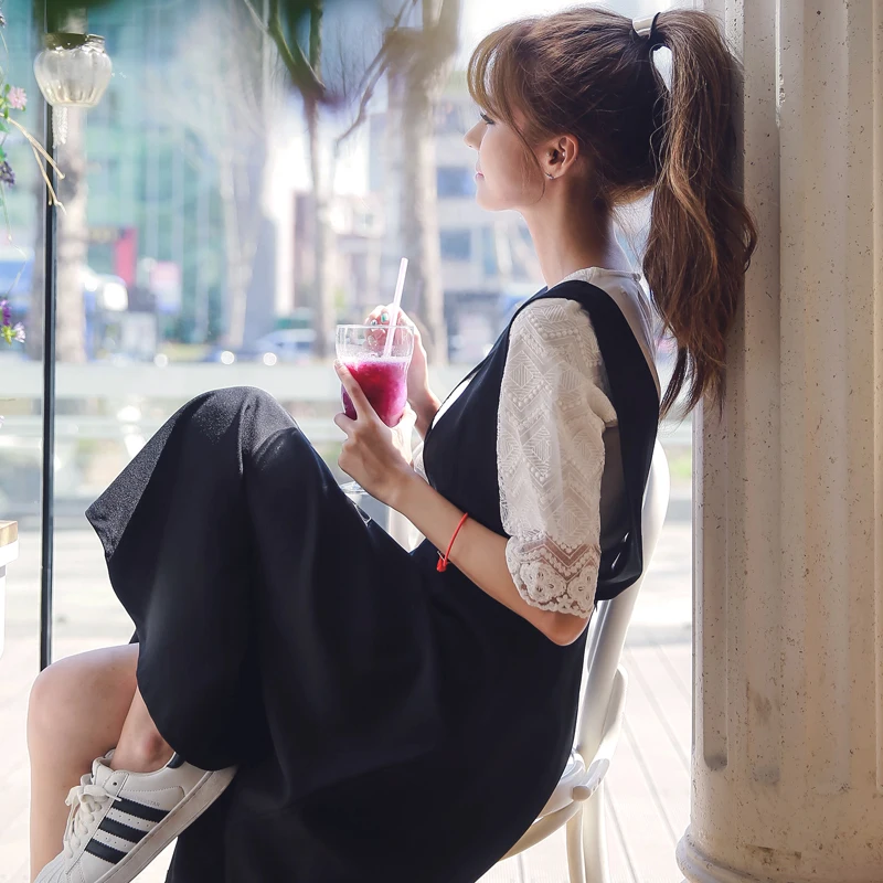 Фото Women Sets lace t shirt and sling long skirt twinset 2018 summer sweet Korean fashion women strap dress two-piece drop shipping | Женская