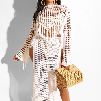 Sexy Grid Hollow Out Tassel Dress Rompers Full Sleeve Open Slits Summer Beach Party Women See Through Dress Two Piece Sets 2019
Sexy Grid Hollow Out Tassel Dress Rompers Full Sleeve Open Slits Summer Beach Party Women See Through Dress Two Piece Sets 2019