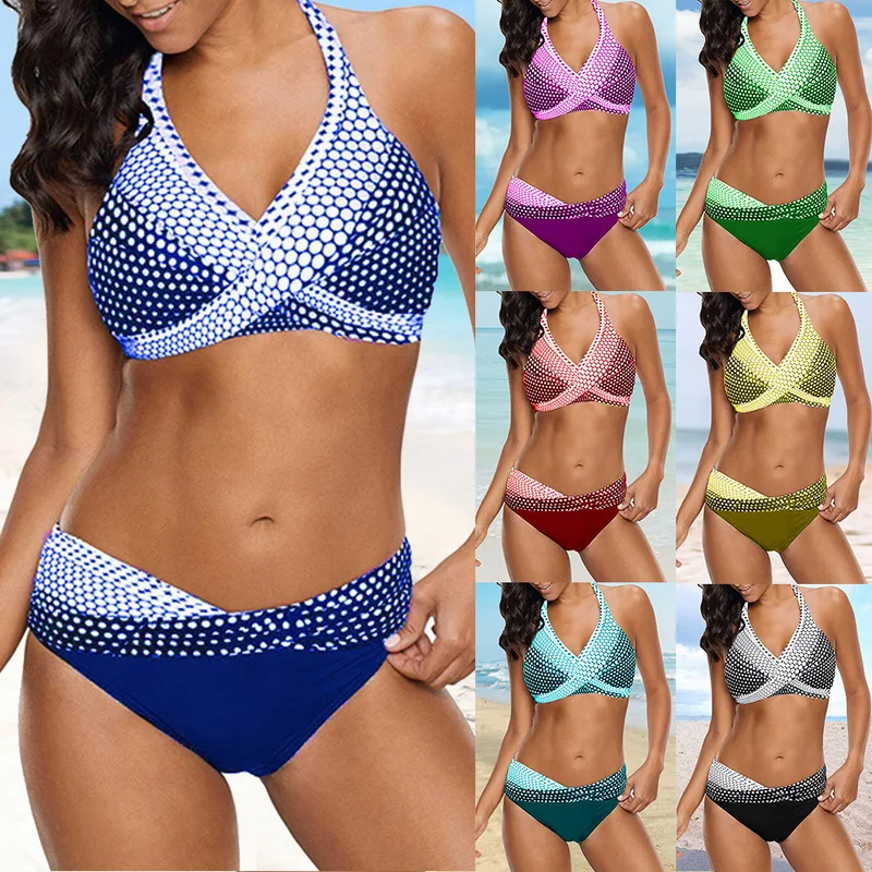 

New Plus Size Large Tankini Bikinis Swimwear 4XL 5XL Summer Retro Women Big Swimsuits Halter Biquini Neck Polka Dot Bikini Set