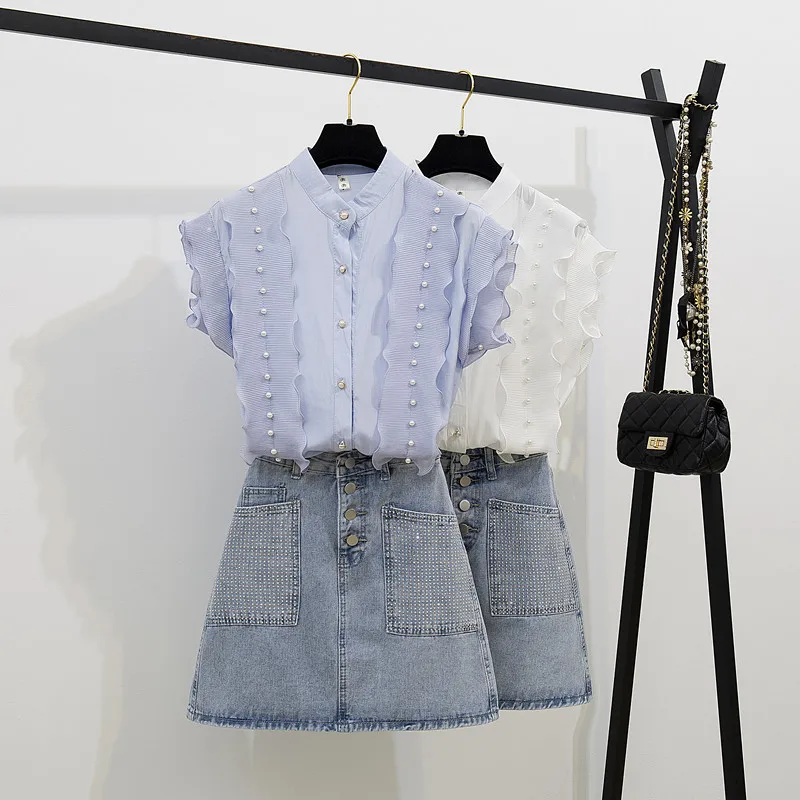 Limiguyue beading blouse shirt denim skirt suit 2 piece set fashion women's set sleeveless chiffon top summer mini skirt T867
Limiguyue beading blouse shirt denim skirt suit 2 piece set fashion women's set sleeveless chiffon top summer mini skirt T867