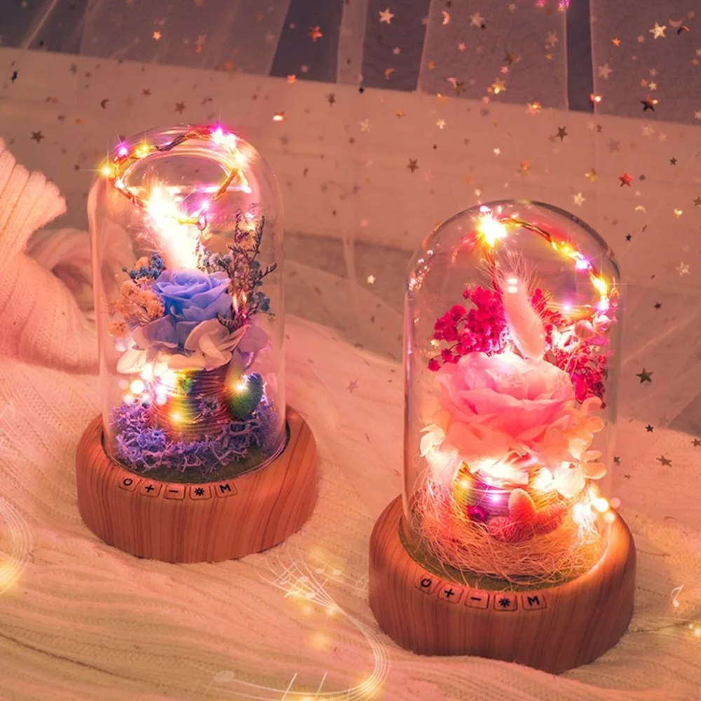 Фото Rose Streamer Bottle Wireless Bluetooth Speaker Rechargeable LED Night Light With Flower in Glass Home Decoration Table Lamp |