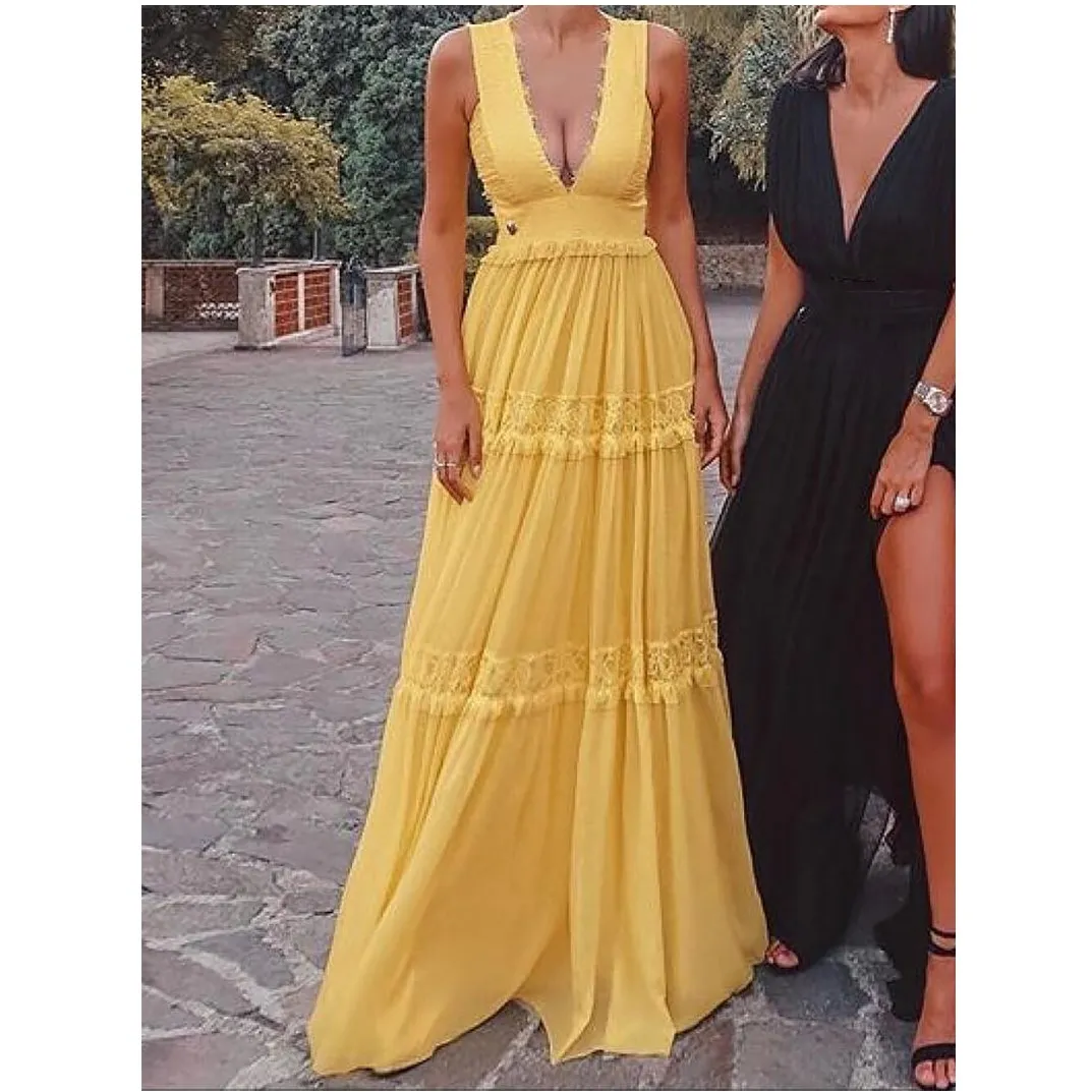Women V Neck High Waist Dress Lace Patchwork Dress Fashion Long Holiday Sexy Dress
Women V Neck High Waist Dress Lace Patchwork Dress Fashion Long Holiday Sexy Dress