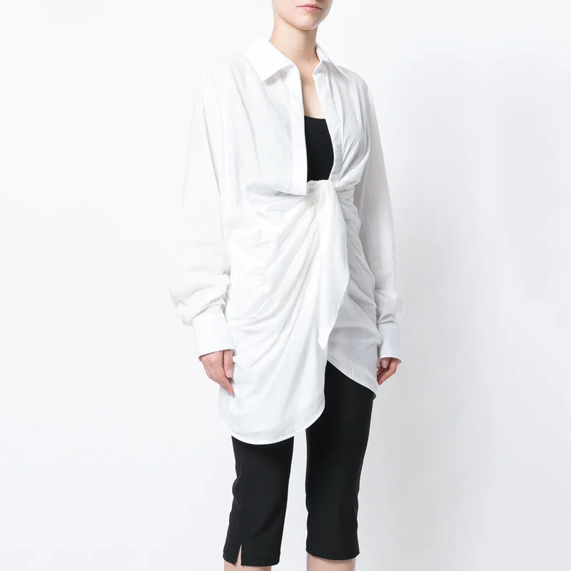 Plus Size - Shirt Women Lace Up Long Sleeve Irregular White Blouse Large Size Spring Female Sexy Fashion Clothing (Us 8-21)
