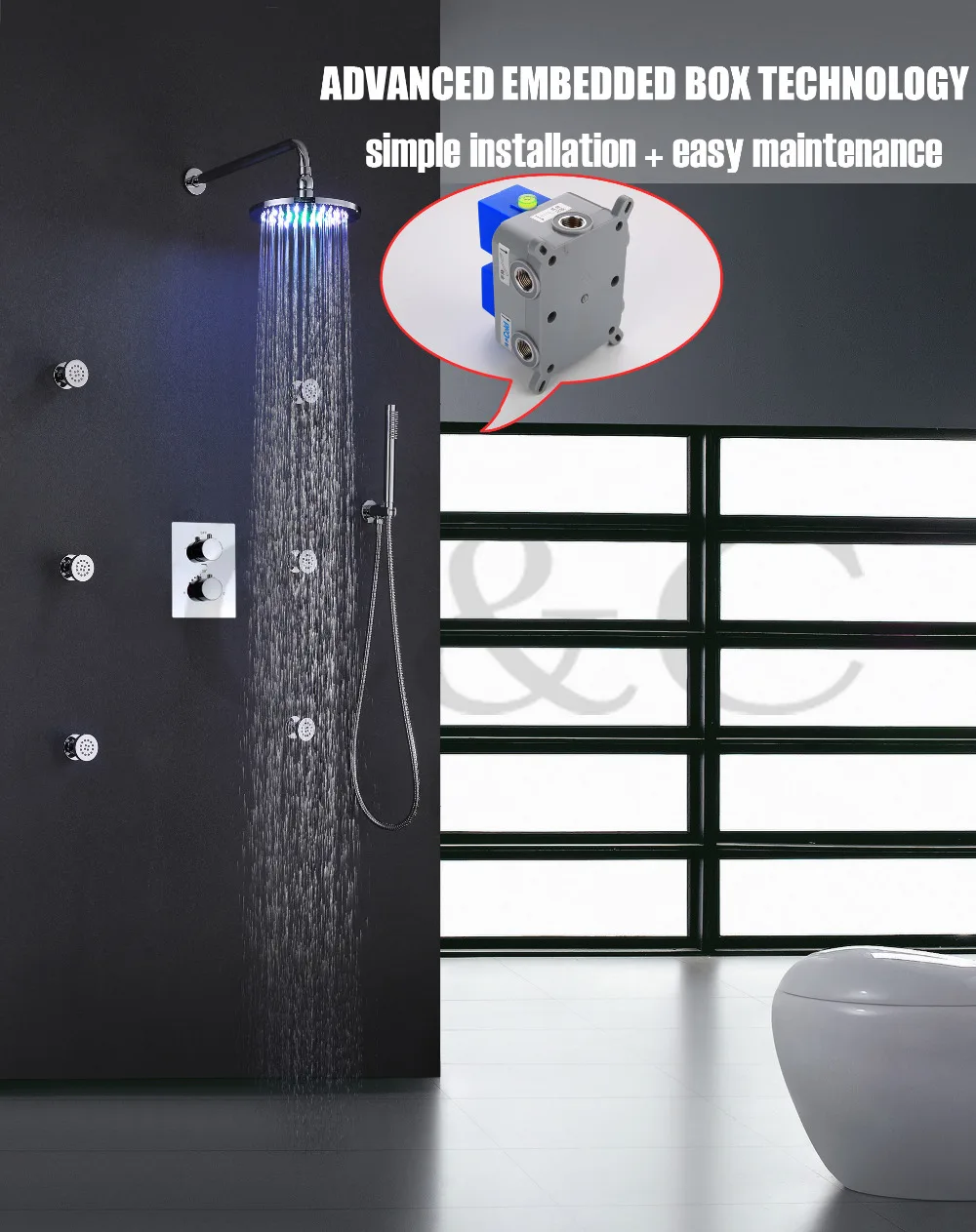 Thermostatic Bathroom Shower Mixer Set 8 Inch Chrome LED 7 Colors Shower Head Easy Installation With Embedded Box 002T-8RC-2Y
Thermostatic Bathroom Shower Mixer Set 8 Inch Chrome LED 7 Colors Shower Head Easy Installation With Embedded Box 002T-8RC-2Y