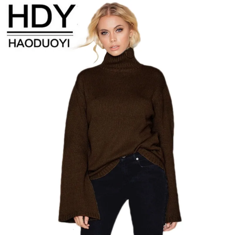 HDY Haoduoyi 2017 Cauaul Sweater Women Fashion Turtleneck Flare Sleeve Solid Coffee Lady Pullovers Brief Female Autumn Sweaters | Женская