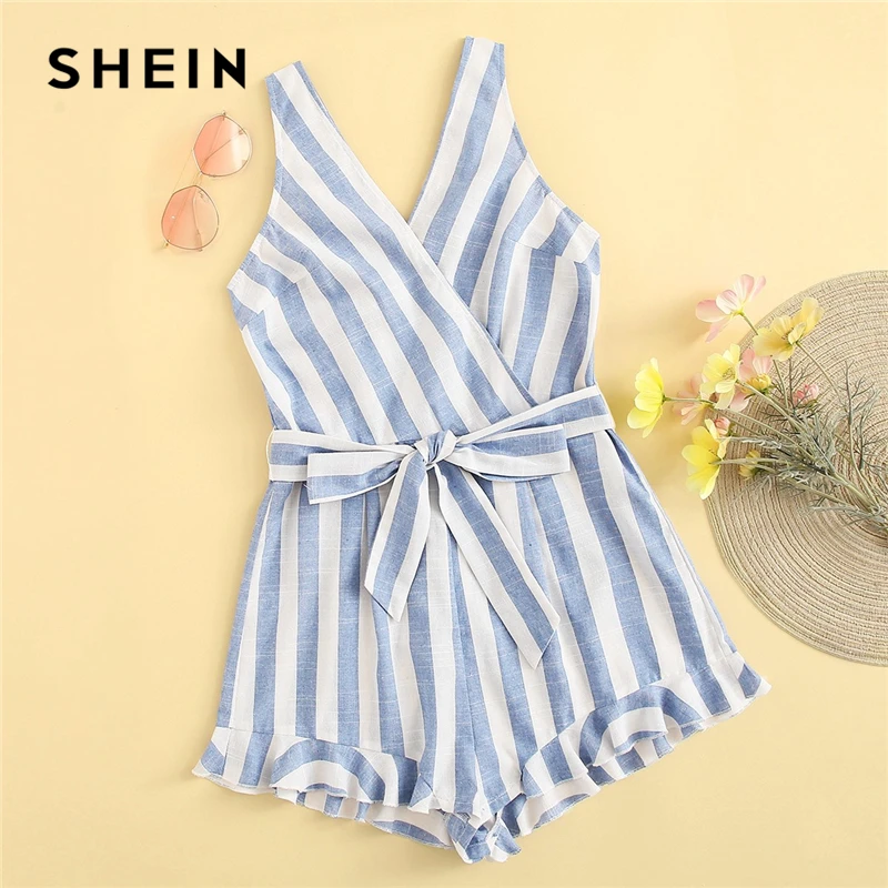 

SHEIN Cute Blue Surplice Neck Ruffle Hem Belted Striped Rompers Womens Jumpsuit Summer Zip Back Sleeveless Playsuit Boho Rompers