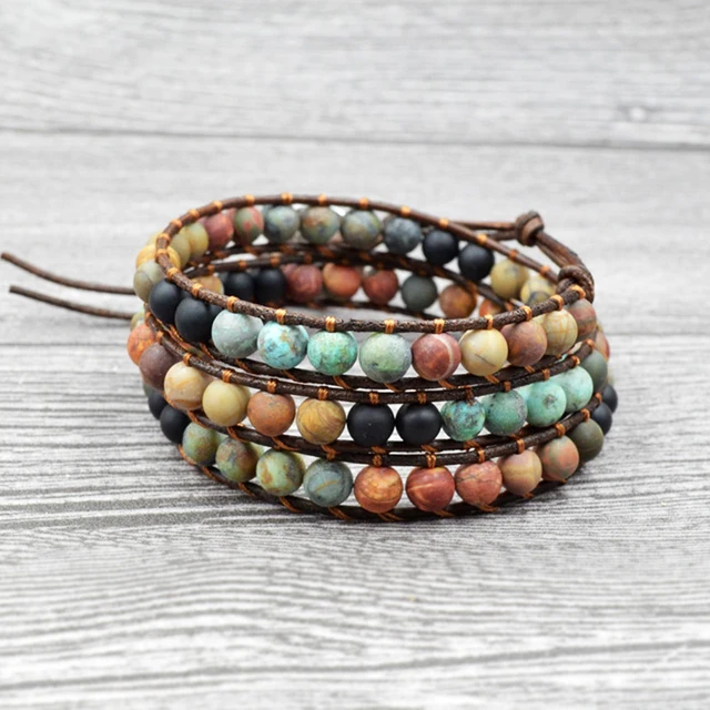 Bracelets bohème vintage en cuir et pierre naturelle pour femme, 3 brins multicouches, tissé à la main, rond, breloque cœur 2