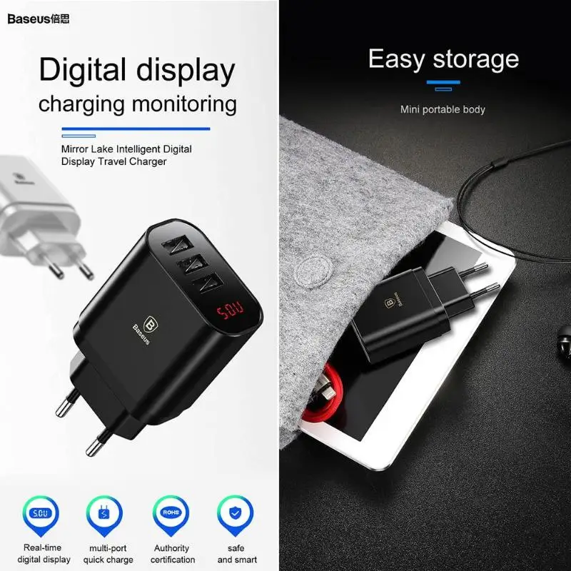 Baseus Universal Travel Wall Charger EU Plug Mobile Phone 3 Ports USB 3.4A Fast Charger Adapter with LED Display
Baseus Universal Travel Wall Charger EU Plug Mobile Phone 3 Ports USB 3.4A Fast Charger Adapter with LED Display