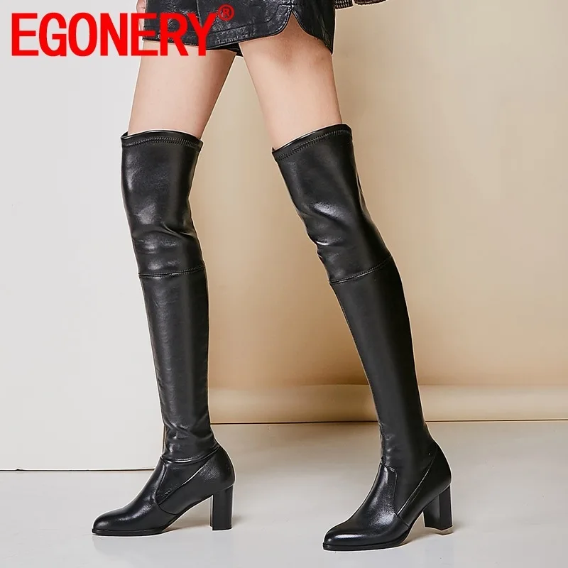 

EGONERY woman shoes winter warm new fashion sexy round toe handmade genuine leather over knee boots outside high heels shoes