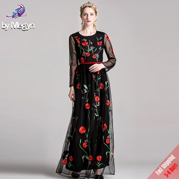 High Quality Fall Winter Runway Designer Dress New Women's Black Mesh Gauze Vintage Floral Embroidery Party Long Dress 2019
High Quality Fall Winter Runway Designer Dress New Women's Black Mesh Gauze Vintage Floral Embroidery Party Long Dress 2019