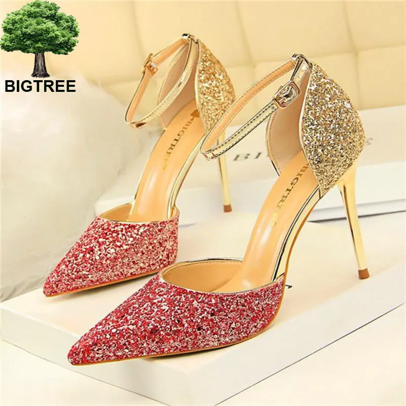 

BIGTREE Nightclub Shallow Sexy Party Shoes Women Sequined Cloth Buckle High Heels Shoes Pointed Toe Women's Sandals Bling