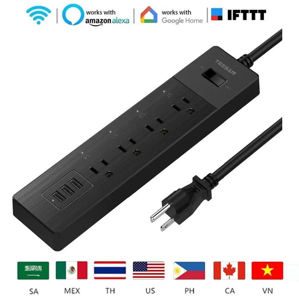 TESSAN Smart Power Strip For USA WiFi Multi Outlets with 3 USB Ports & 4 AC Plugs Work with Echo/Google Home/IFTTT APP
TESSAN Smart Power Strip For USA WiFi Multi Outlets with 3 USB Ports & 4 AC Plugs Work with Echo/Google Home/IFTTT APP