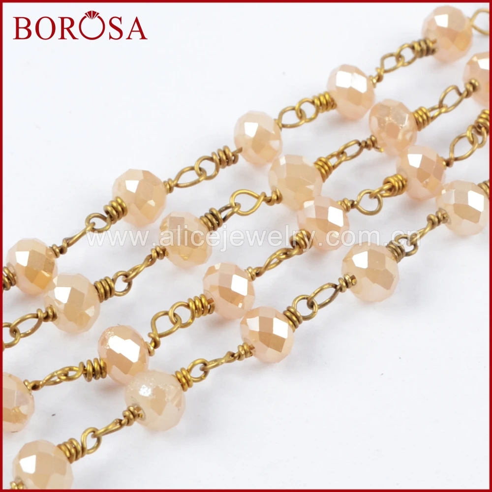 

BOROSA Gold Color Or Silver Color 6mm Champagne Crystal Faceted Rosary Chain Beaded Chains for Jewelry Findings JT203