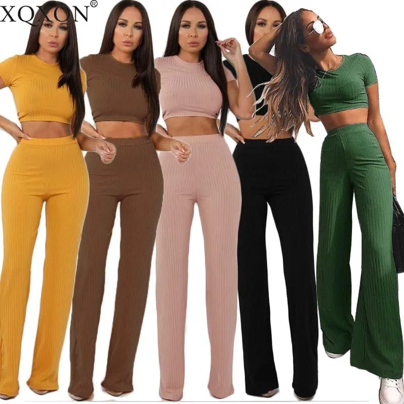 2019 summer suit Women knitted short sleeve o-neck crop top wide leg pants 2 piece set for female women tops pants women's suits
2019 summer suit Women knitted short sleeve o-neck crop top wide leg pants 2 piece set for female women tops pants women's suits
