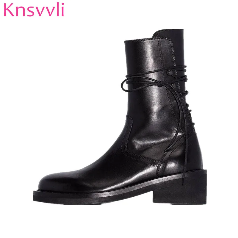Knsvvli New Back Lace Up Short Boots Woman Black Genuine Leather Round Toe Motorcycle Boots Chunky Heels Mid Calf Booties Women
Knsvvli New Back Lace Up Short Boots Woman Black Genuine Leather Round Toe Motorcycle Boots Chunky Heels Mid Calf Booties Women