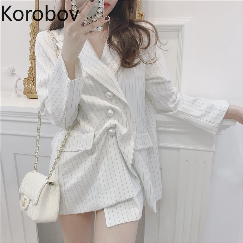 Korobov Korean Elegant Pearls Button Irregular Vogue Women Blazers Mid Long Slim Striped Vintage New Female Blazers 77806
Korobov Korean Elegant Pearls Button Irregular Vogue Women Blazers Mid Long Slim Striped Vintage New Female Blazers 77806