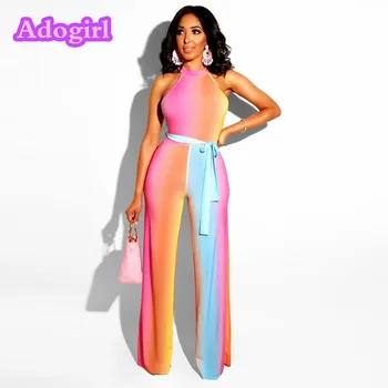 Sexy Colorful Tie Dyed Print Halter Jumpsuit Woman Sleeveless Bodycon Skinny With Belt Night Club Stretchy Lace Up Playsuit
Sexy Colorful Tie Dyed Print Halter Jumpsuit Woman Sleeveless Bodycon Skinny With Belt Night Club Stretchy Lace Up Playsuit