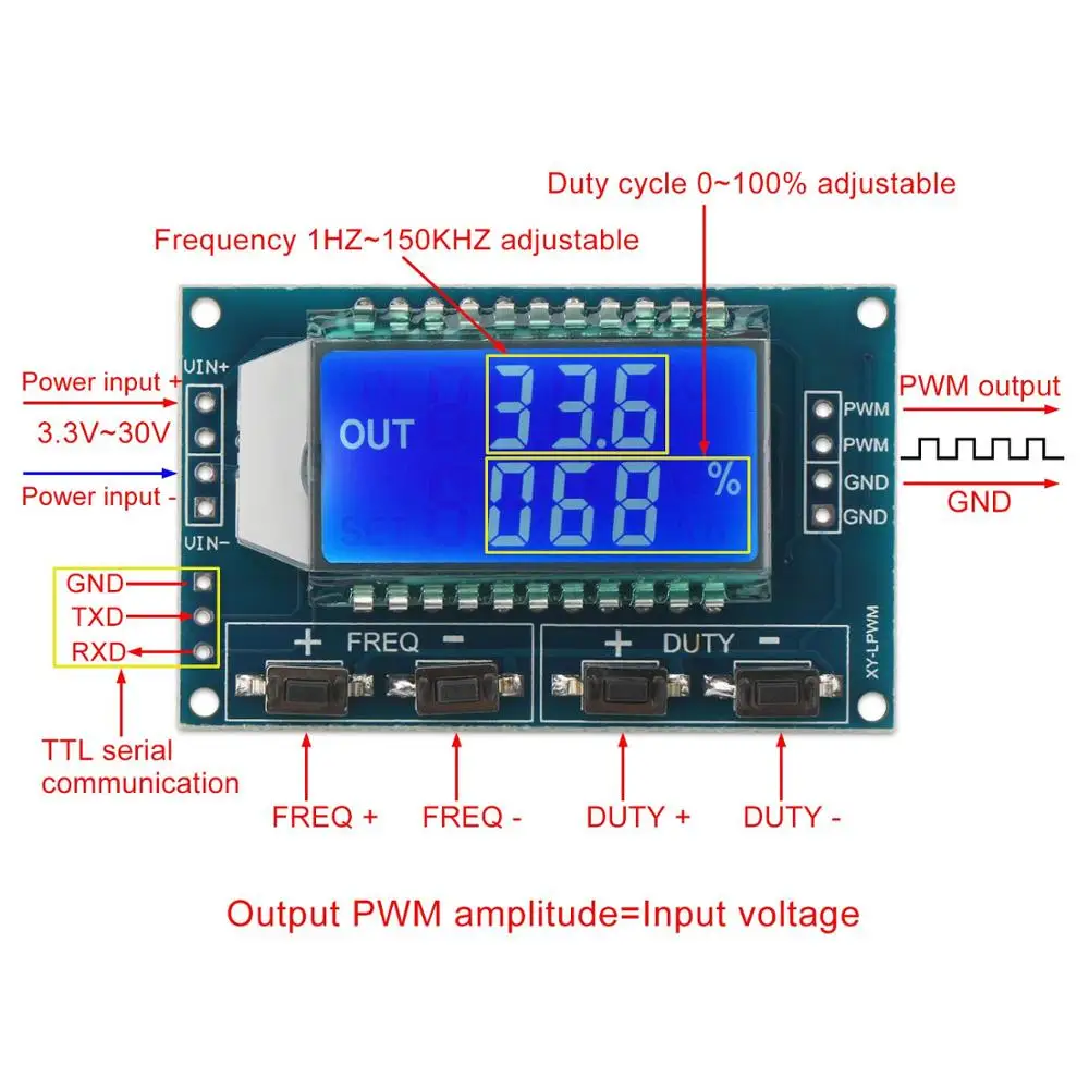 Signal Generator PWM Pulse Frequency Duty Cycle Adjustable Module LCD Display 1Hz-150Khz 3.3V-30V PWM Board Module
Signal Generator PWM Pulse Frequency Duty Cycle Adjustable Module LCD Display 1Hz-150Khz 3.3V-30V PWM Board Module