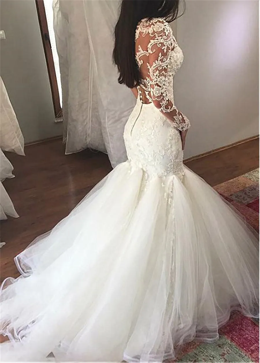 Ivory White Tulle Sheer Scoop Neckline Mermaid Wedding Dress With Lace Appliques Wedding Dress Robe De Mariee Bohe Long Sleeves
Ivory White Tulle Sheer Scoop Neckline Mermaid Wedding Dress With Lace Appliques Wedding Dress Robe De Mariee Bohe Long Sleeves