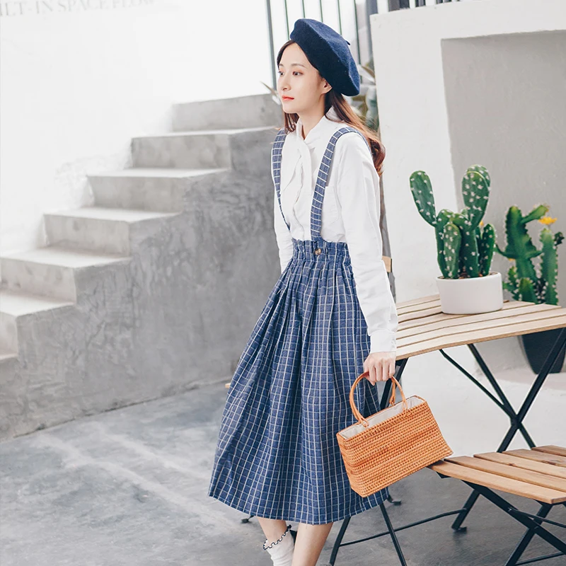 Mori Girl Women Elastic Waist Midi Suspender Skirt Japanese Preppy Cute Blue White Plaid A Line Skirt Autumn Vintage Long Skirt
Mori Girl Women Elastic Waist Midi Suspender Skirt Japanese Preppy Cute Blue White Plaid A Line Skirt Autumn Vintage Long Skirt