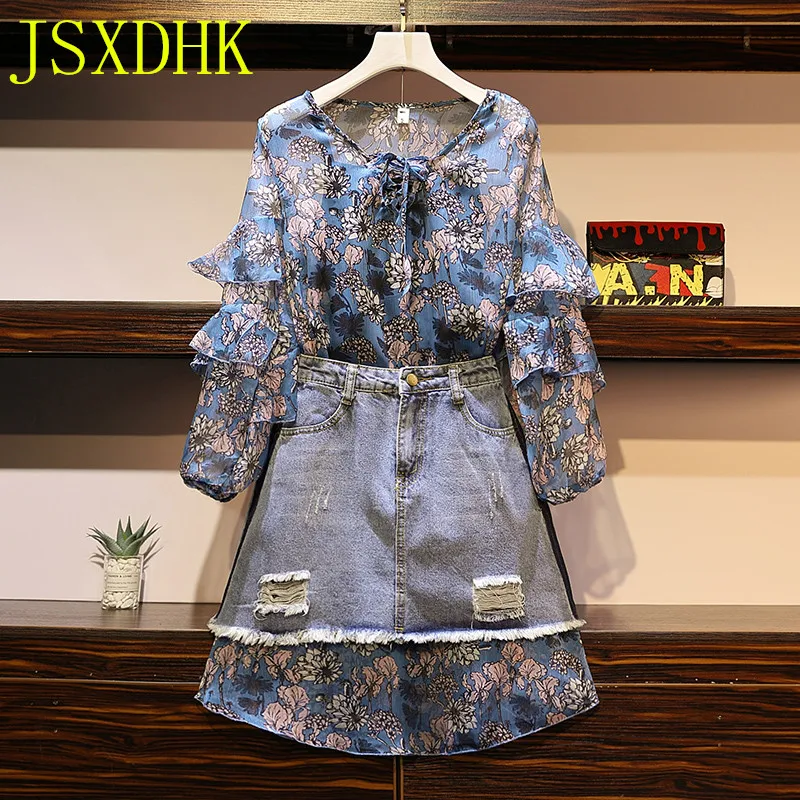 JSXDHK Oversize 2 PCS Set 2019 Spring Chiffon Ruffles Print Floral Long Shirt Dress Women Suits + Hole Tassel Denim Skirt Suit
JSXDHK Oversize 2 PCS Set 2019 Spring Chiffon Ruffles Print Floral Long Shirt Dress Women Suits + Hole Tassel Denim Skirt Suit