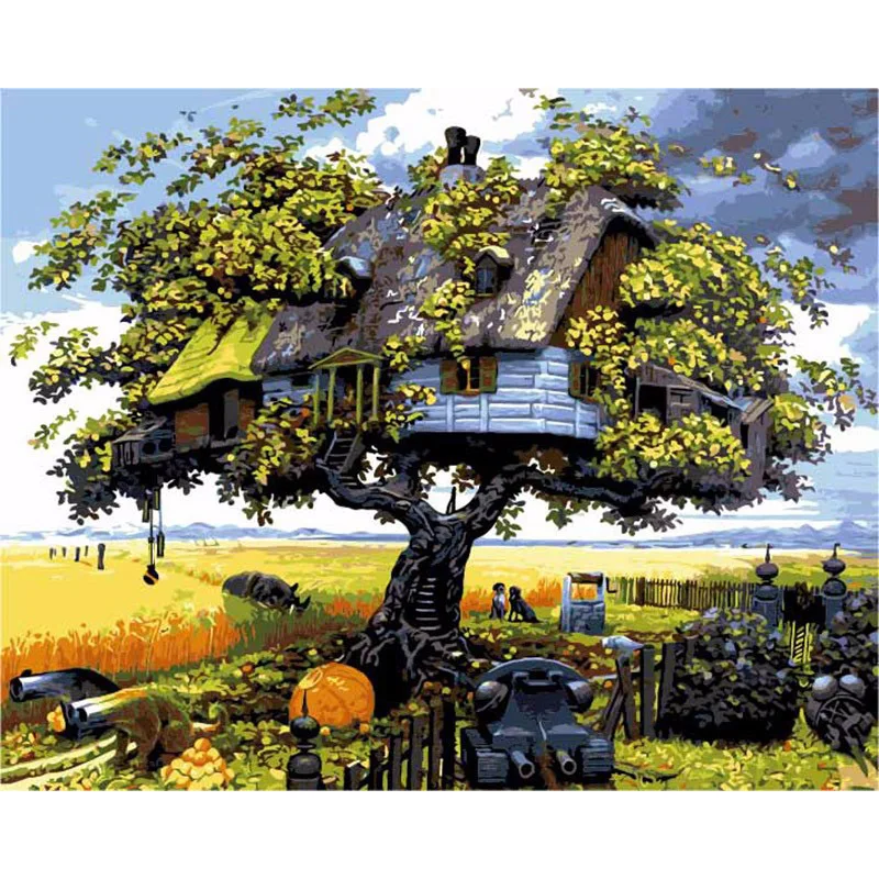 Фото Картина по номерам сделай сам Прямая поставка 50x65 60x75 см охранник дом на дереве