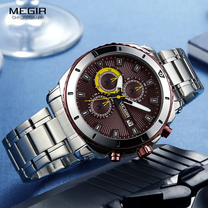 

MEGIR Men's Formal Dress Quartz Watches Stainless Steel Strap Chronograph Wristwatch for Man Blue Dial Luminous Hands 2075G-10