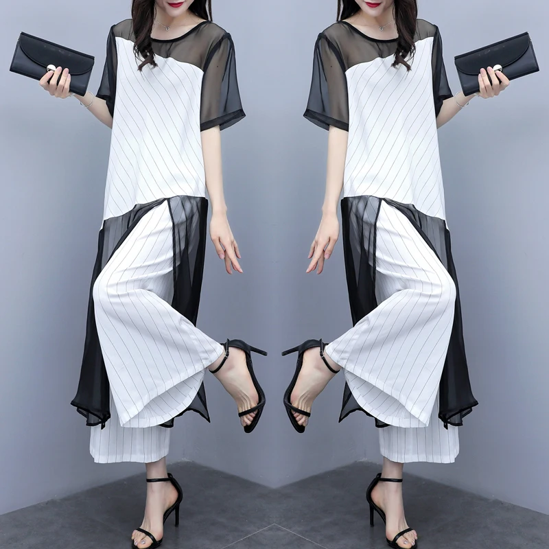 Large Size Chiffon Women's Summer Suit Trendy Two Piece Set Striped Top&pants Set Split Ensemble Femme Deux Pieces Woman Suit
Large Size Chiffon Women's Summer Suit Trendy Two Piece Set Striped Top&pants Set Split Ensemble Femme Deux Pieces Woman Suit