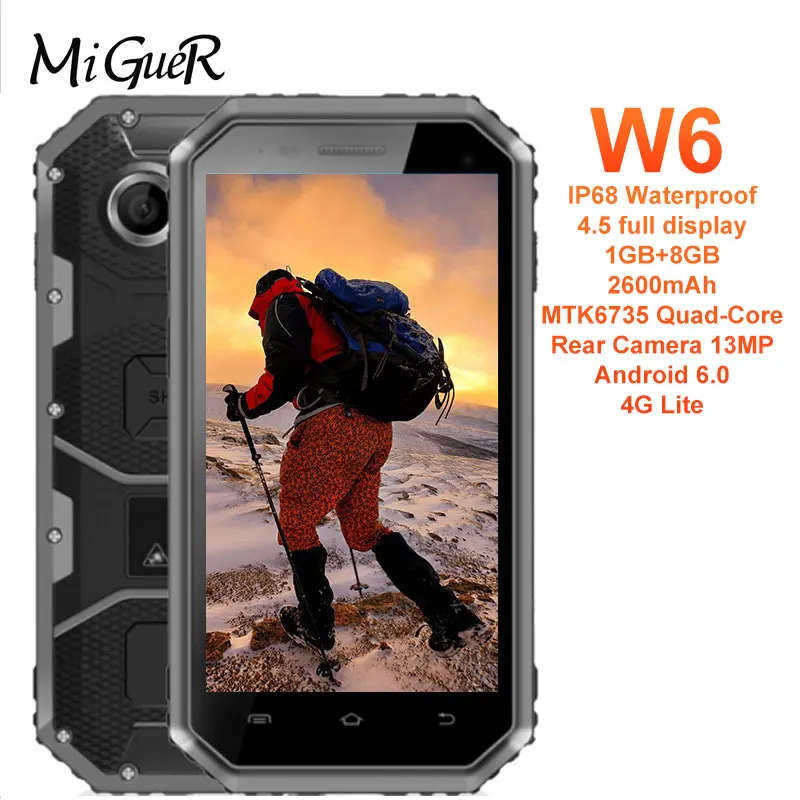 

Original E&L EL W6 IP68 4G LTE Mobile Phone Android 6.0 MTK6735 Quad-Core 1GB+8GB 5.0MP 2600mAH Waterproof Shockproof Cellphone