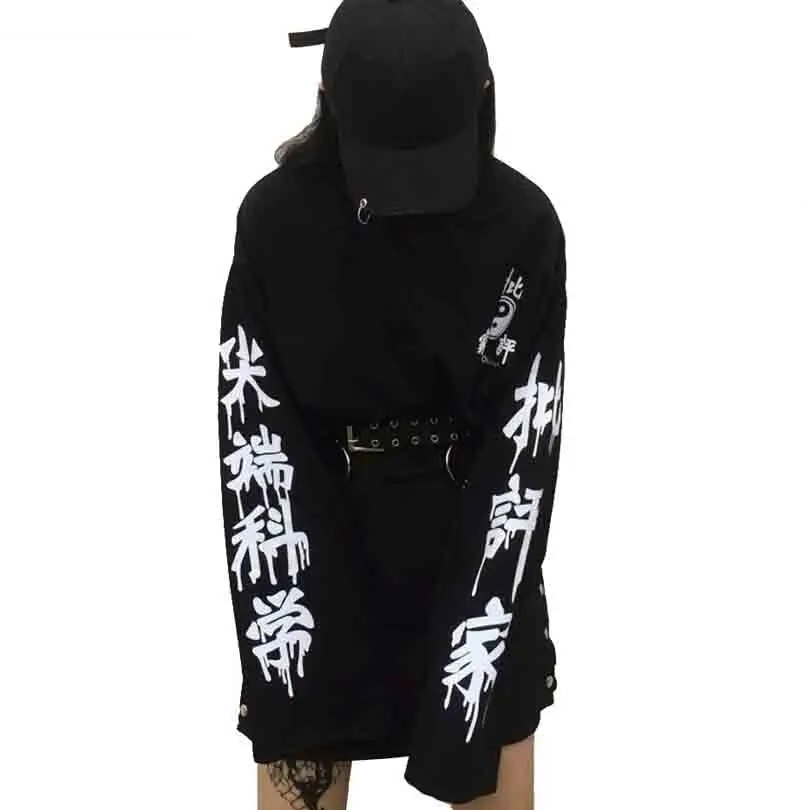 Chinese Character Letter Printed Punk Style Harajulu Women Black Hoodies Gothic Loose Girls Sweatshirt Tops Long Sleeve Pullover
Chinese Character Letter Printed Punk Style Harajulu Women Black Hoodies Gothic Loose Girls Sweatshirt Tops Long Sleeve Pullover