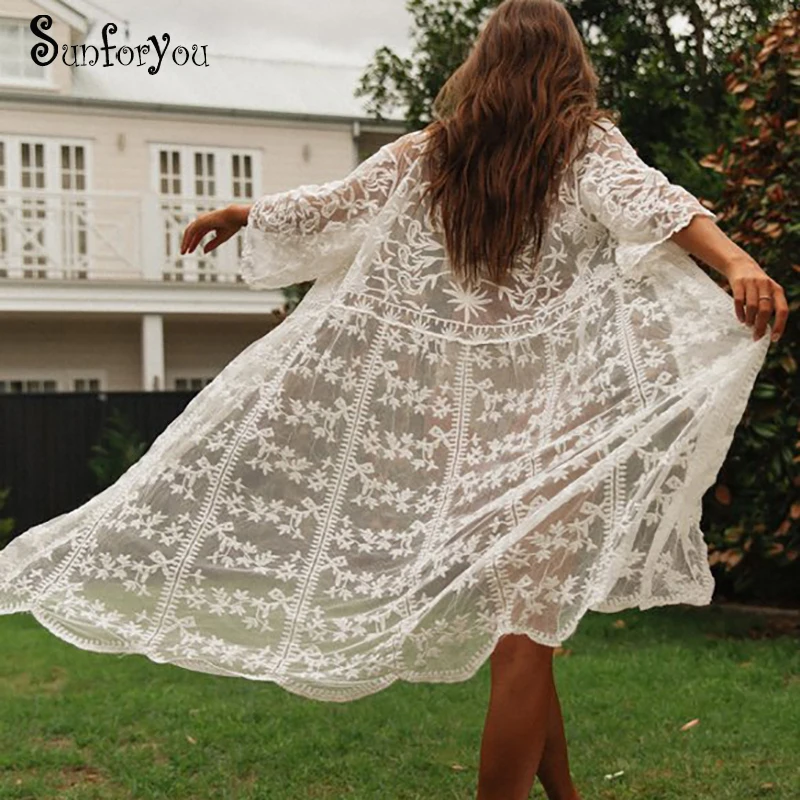 2019 White Women Mesh Sundress Embroidery Lace Boho Beach Dress Vestido Playa Kaftan Casual Beach Pareo Summer Sexy Dress
2019 White Women Mesh Sundress Embroidery Lace Boho Beach Dress Vestido Playa Kaftan Casual Beach Pareo Summer Sexy Dress