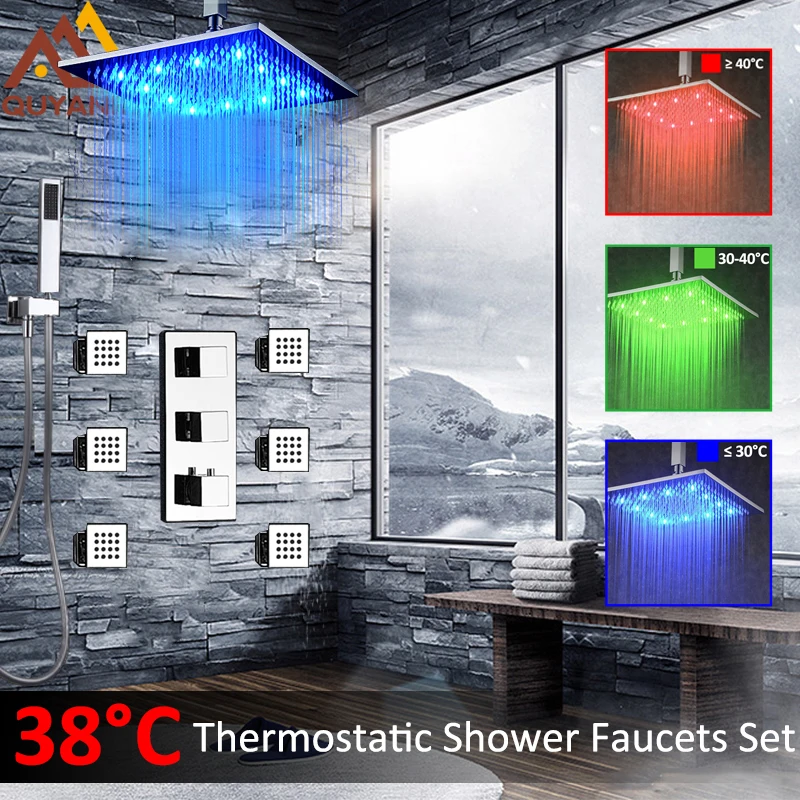 Thermostatic Shower Faucets Set Wall Mounted LED Changing Shower Head 6pcs Massage SPA Jets Three Handles Mixer Tap Handshower
Thermostatic Shower Faucets Set Wall Mounted LED Changing Shower Head 6pcs Massage SPA Jets Three Handles Mixer Tap Handshower