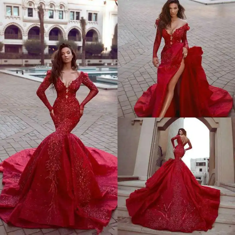 Luxurious Mermaid Evening Dresses Red Off The Shoulder Long Sleeves Beads Appliques Prom Dress Sweep Train Formal Evening Dress
Luxurious Mermaid Evening Dresses Red Off The Shoulder Long Sleeves Beads Appliques Prom Dress Sweep Train Formal Evening Dress