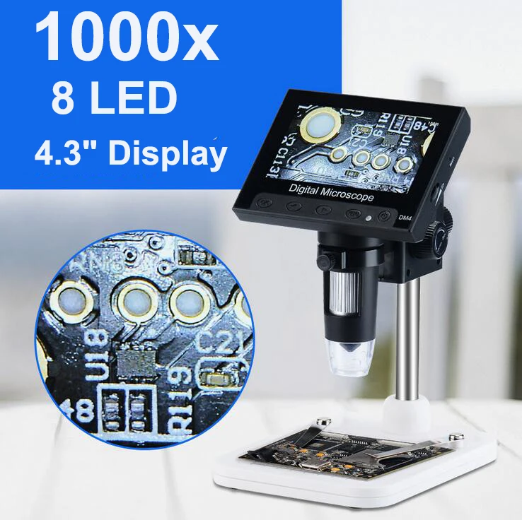 1000X 4.3" 720P LCD Display Portable Microscope LED Digital Magnifier with Holder for Circuit Board Repair Soldering Tool
1000X 4.3" 720P LCD Display Portable Microscope LED Digital Magnifier with Holder for Circuit Board Repair Soldering Tool
