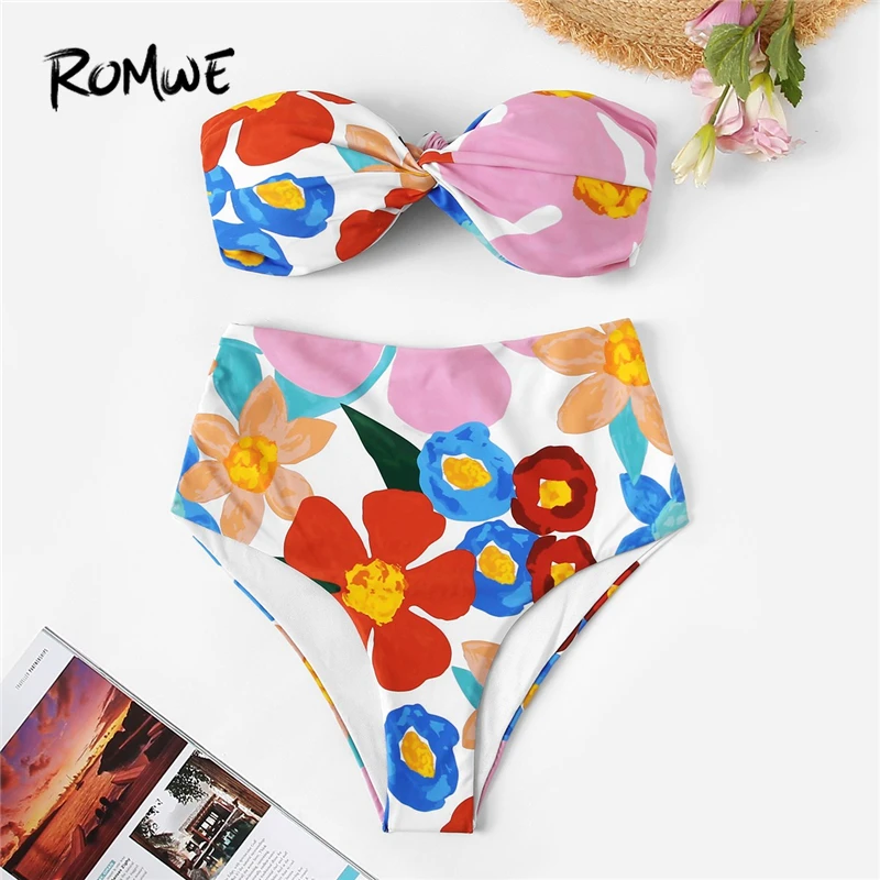 

Romwe Sport Two-Pieces Suits Floral Bandeau With High Waist Bottoms Bikinis Set Wireless Women Summer Sexy Beach Swimsuit