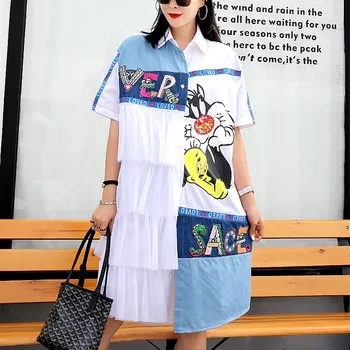New Women Summer Blue White Spliced Shirt-Dress Cute Sequined Cartoon Loose Embroidery Appliques Long Ruffles Blouses Tops NS662
New Women Summer Blue White Spliced Shirt-Dress Cute Sequined Cartoon Loose Embroidery Appliques Long Ruffles Blouses Tops NS662