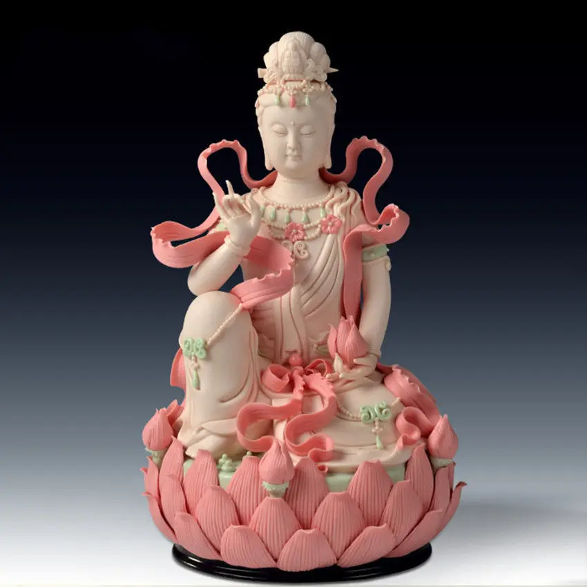 Chinese Dehua Colored Porcelain Lianhua Kwan-yin Guanyin Buddha Statue 
Chinese Dehua Colored Porcelain Lianhua Kwan-yin Guanyin Buddha Statue