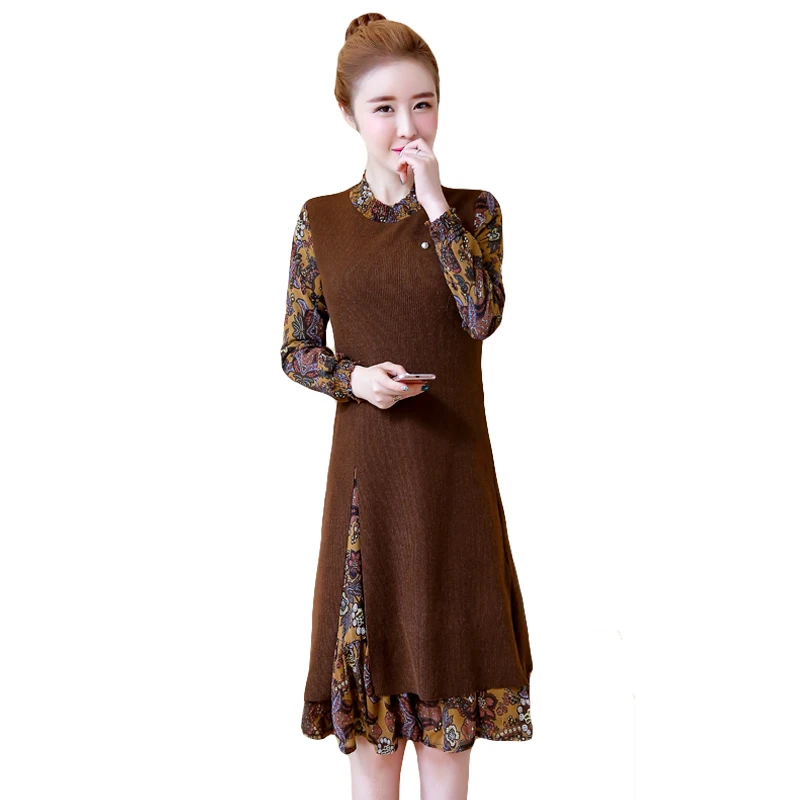 Plus Size 2018 New Spring Women dress Knitting Full Sleeve Print Slim Chiffon In Long Fat Mm Dresses Brown Black 6121
Plus Size 2018 New Spring Women dress Knitting Full Sleeve Print Slim Chiffon In Long Fat Mm Dresses Brown Black 6121