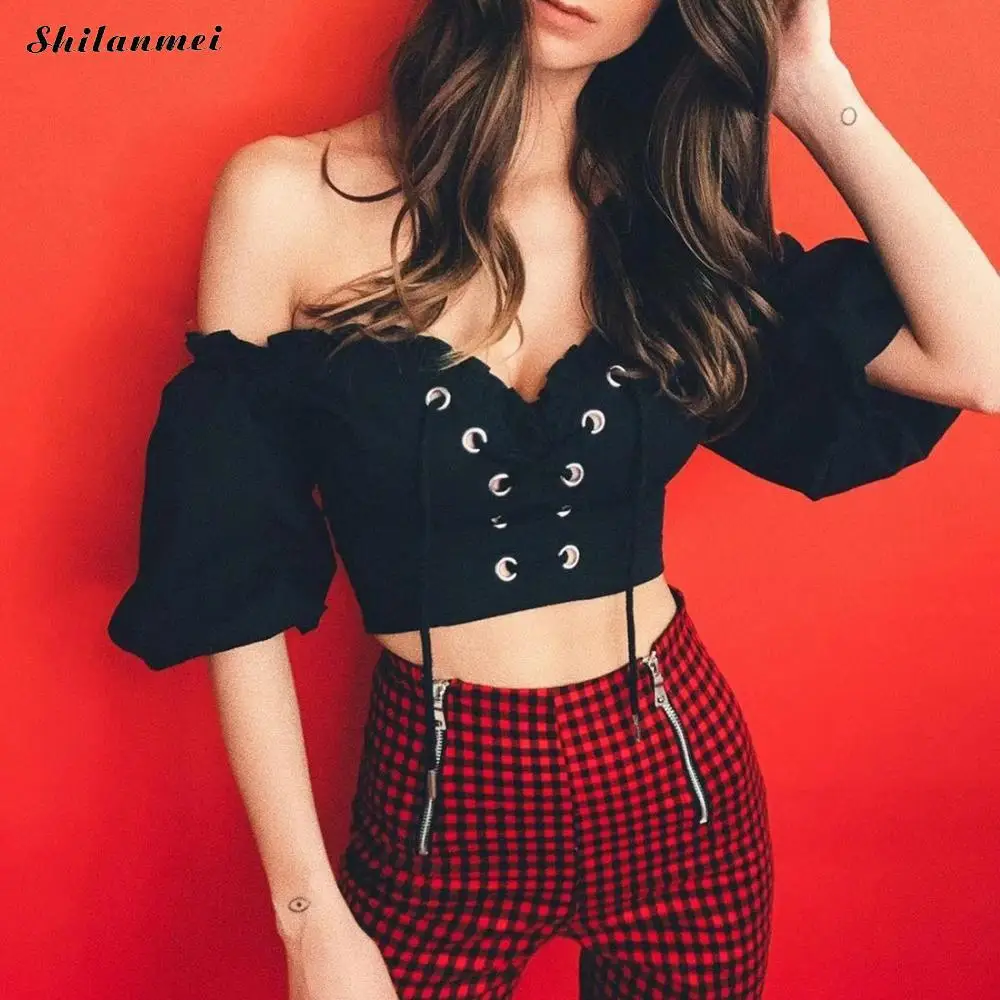 2018 с плеча сексуальное boat neck Crop Top Для женщин тонкий футболка черный белый шнурок