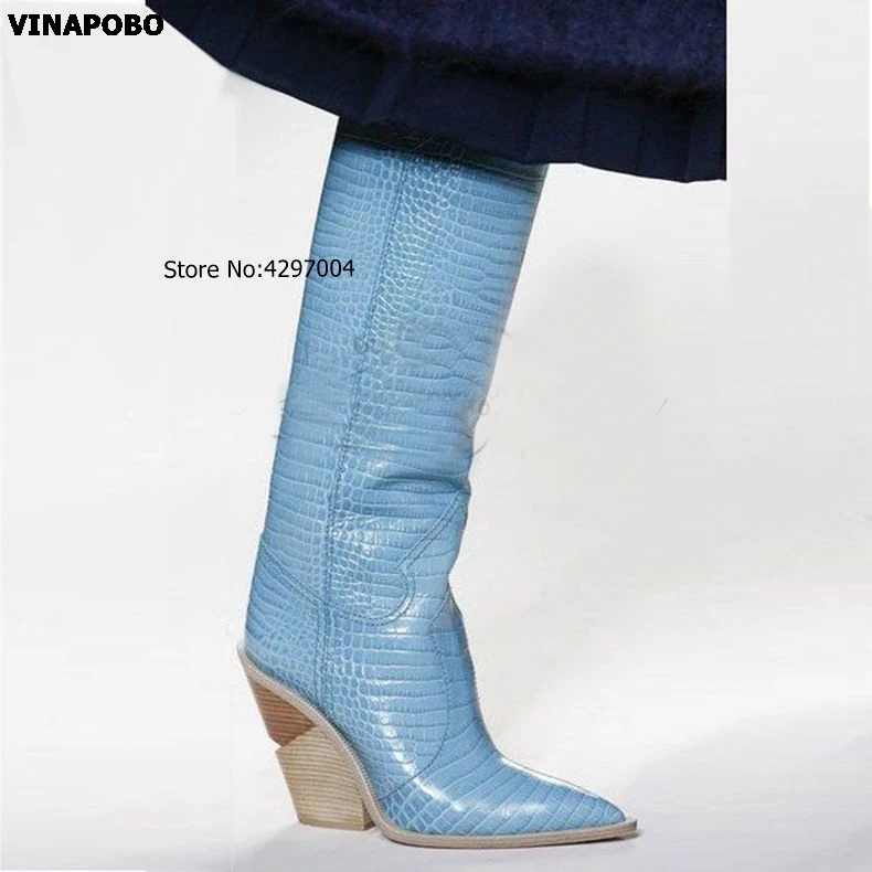 1Pink-Snake-Print-Women-Boots-2018-Pointed-Toe-Knee-high-Boots-Block-Heel-Mid-Calf-Riding (2)