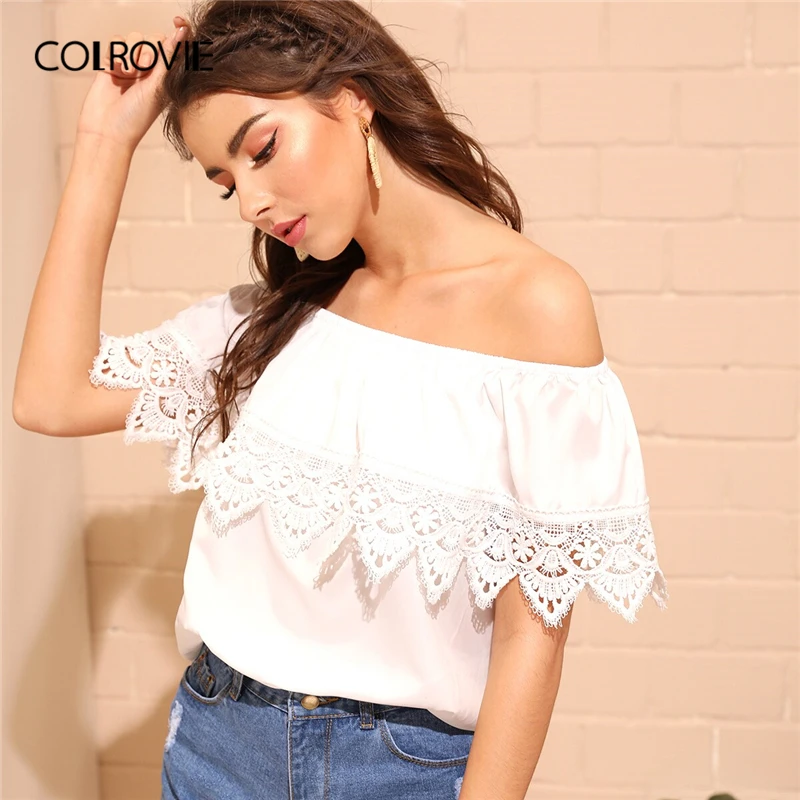 COLROVIE White Solid Lace Panel Ruffle Trim Off The Shoulder Boho Top Women Blouse Shirt 2019 Summer Korean Ladies Blouses
COLROVIE White Solid Lace Panel Ruffle Trim Off The Shoulder Boho Top Women Blouse Shirt 2019 Summer Korean Ladies Blouses
