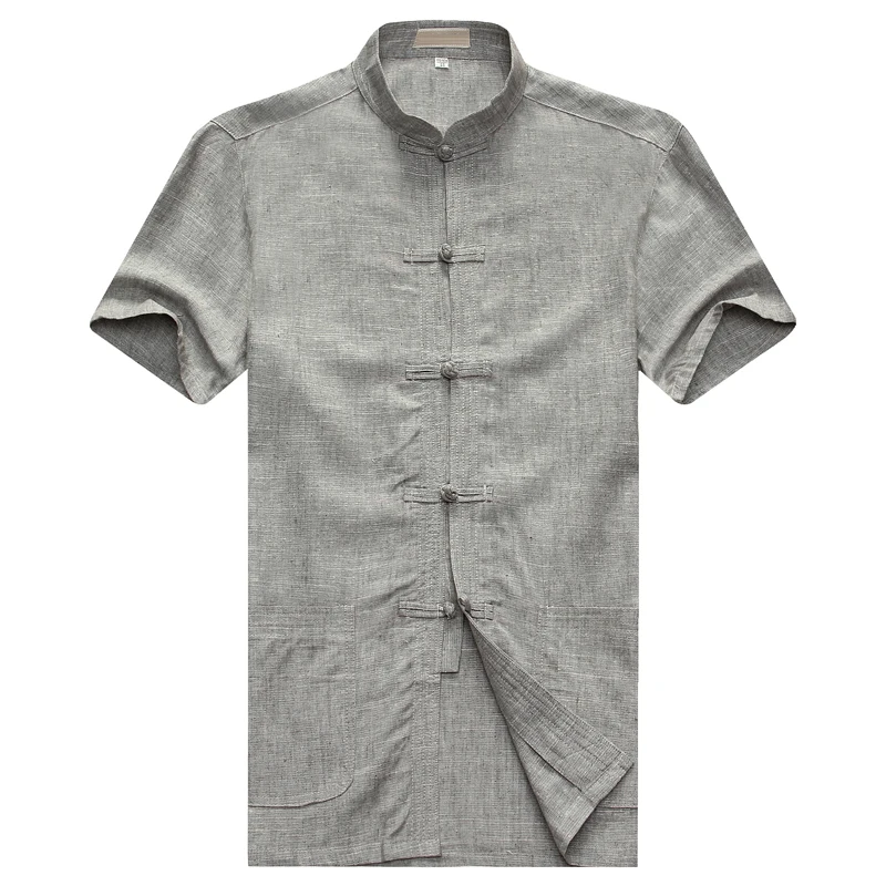 

WAEOLSA Summer Men Linen Cotton Shirts Gray Tunic Blouses Man Mandarin Collar Top Gris Tangzhuang Tunics Male Plain Tang Shirt