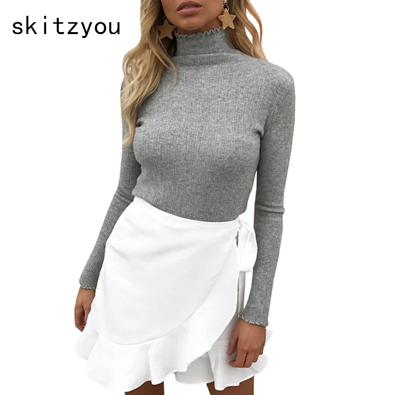 skitzyou Sweater Women Knitted Long Sleeve Turtleneck Bottoming White Basic Pullovers Slim Fit Elastic Autumn Winter Knitwear | Женская