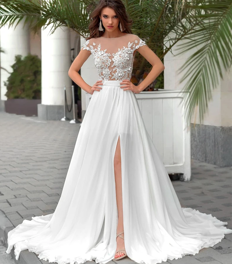 New Sexy Illusion Wedding Dresses Cap Sleeve Beaded Applique A-line Chiffon Beach Wedding Dress Vestidos De Novia
New Sexy Illusion Wedding Dresses Cap Sleeve Beaded Applique A-line Chiffon Beach Wedding Dress Vestidos De Novia
