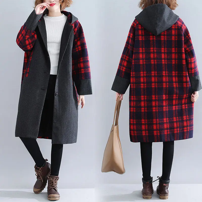 Wool Coat Hooded Red Plaid Patchwork Large Size Women's Cotton Jacket 2019 Winter New Style Lapel Thicken Woolen Long Coat f1265
Wool Coat Hooded Red Plaid Patchwork Large Size Women's Cotton Jacket 2019 Winter New Style Lapel Thicken Woolen Long Coat f1265