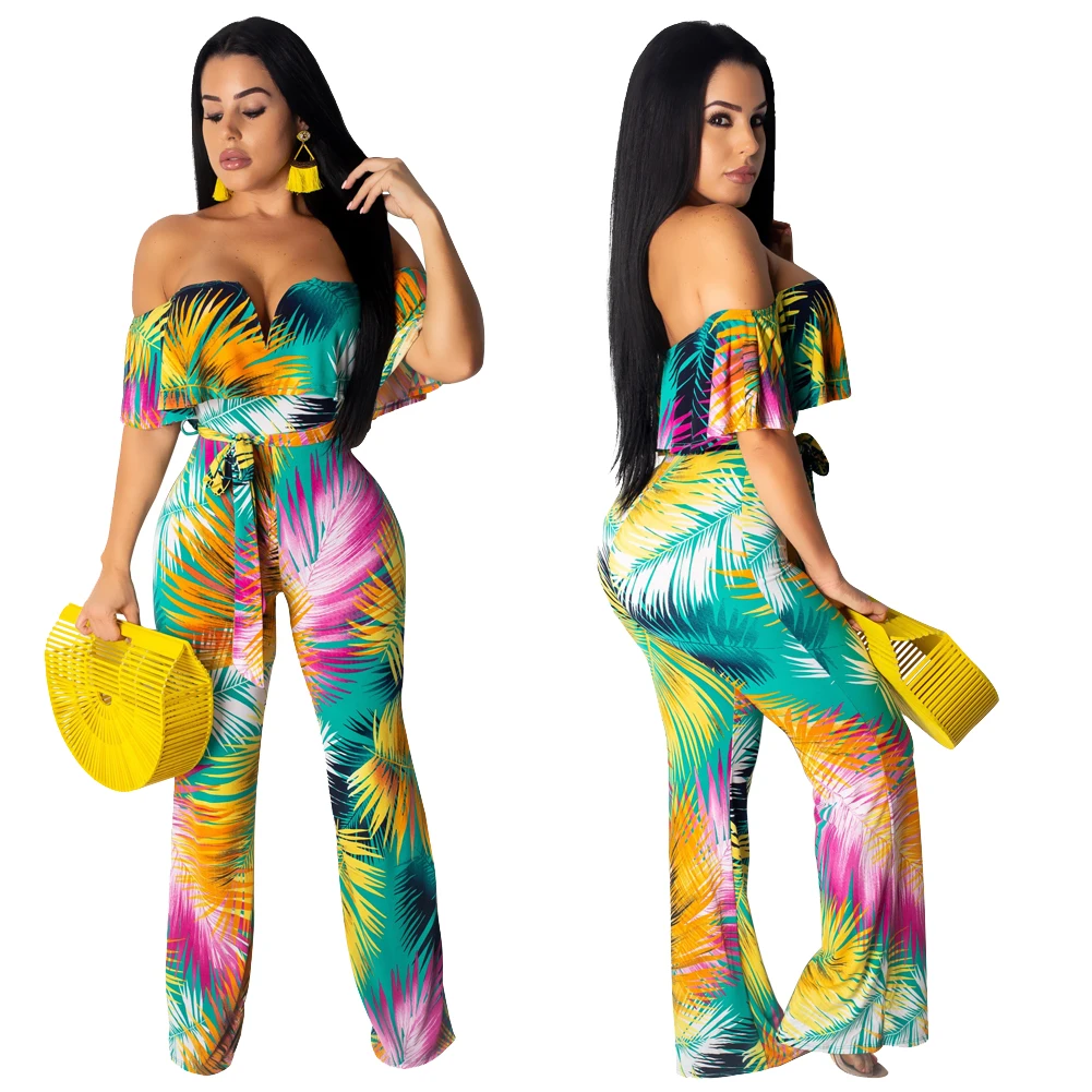 

Boho Tropical Print Off Shoulder Ruffle Rompers Womens Beach Vacation Summer Jumpsuit Playsuit 2019 Sexy Skinny Bodycon Overalls