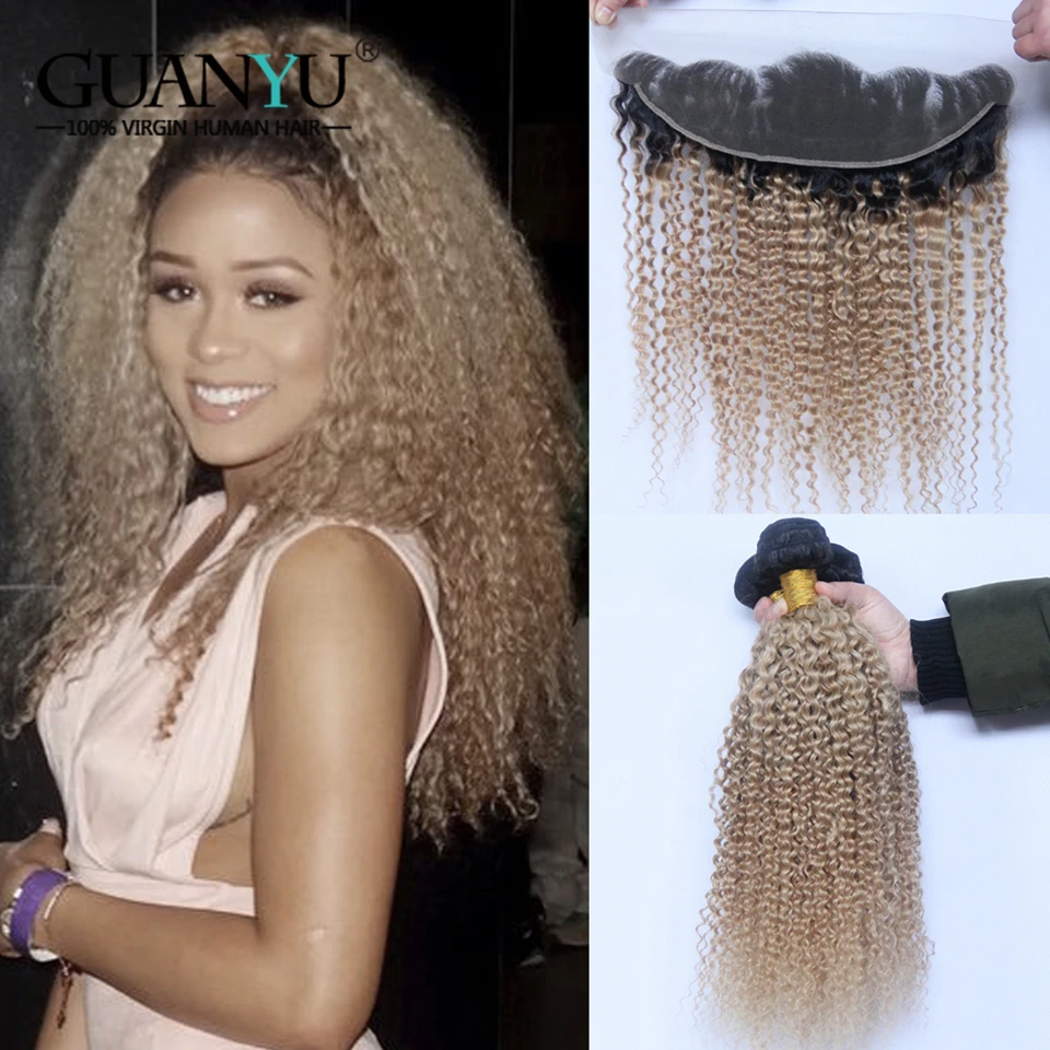 

Guanyuhair 3Pc Honey Blonde Ombre Kinky Curly Hair Weave Bundle With Frontal Closure Ear to Ear Peruvian Human Remy 1B/27
